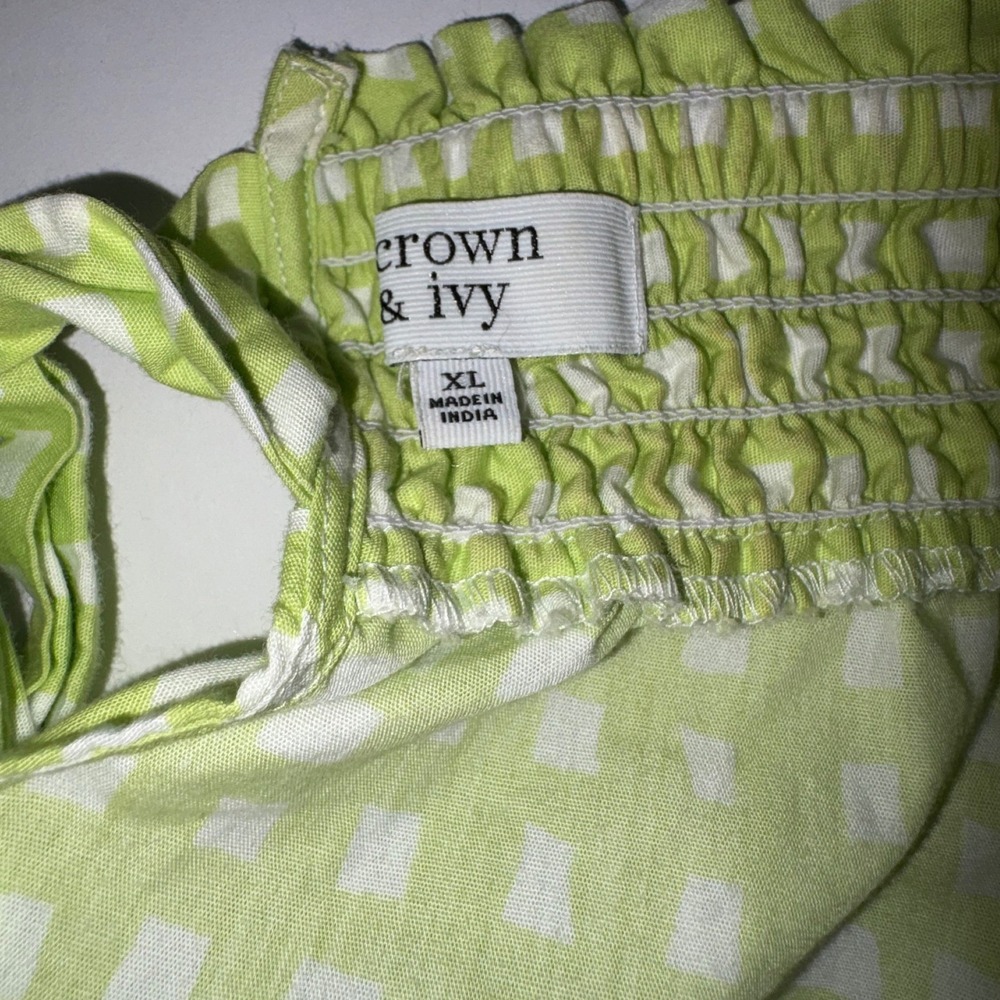 Crown Ivy Lime Green White Gingham Smocked Off Shoulder Crop Top Blouse Women XL - Picture 3 of 5